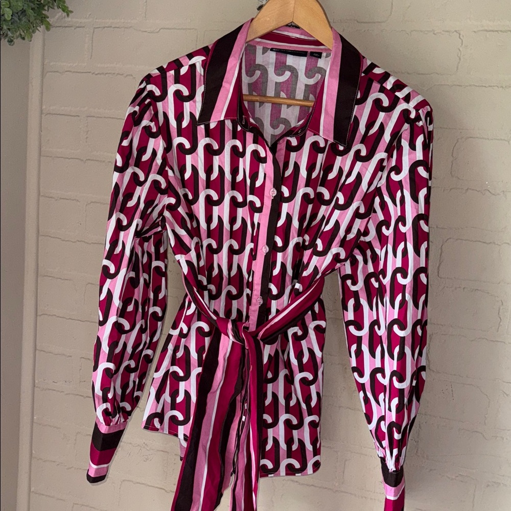 NY & Co Stylish Pink and Black Patterned Blouse xxl sash